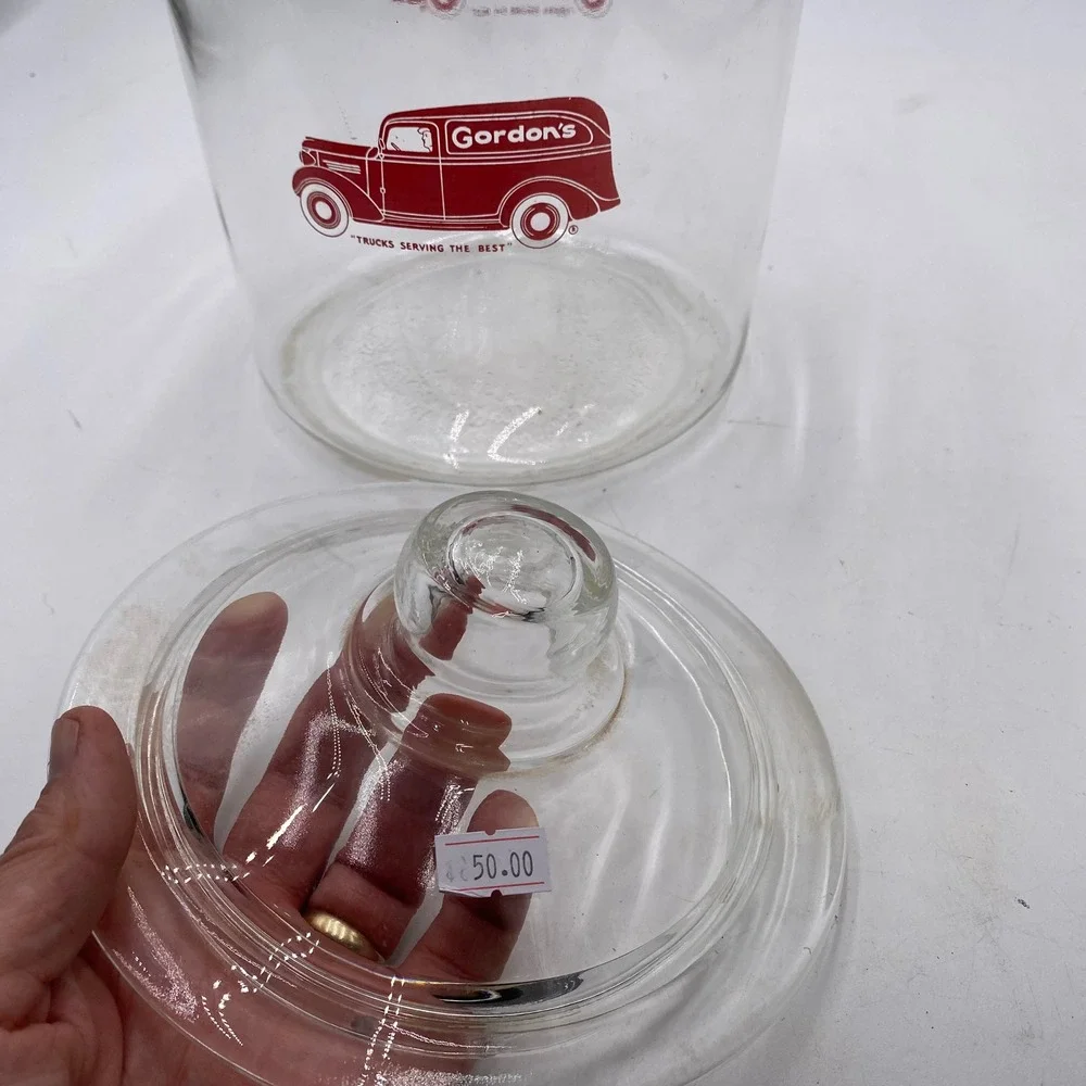 Gordons Potato Chips Vintage Glass Canister Jar Clear Red Truck Advertising SEO